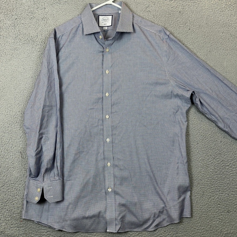 Charles Tyrwhitt Dress Shirt Mens 17.5-34 Slim Fit Blue Micro-Houndstooth EUC